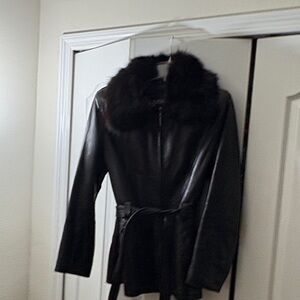 Kasper Black Leather Jacket with Fur Collar